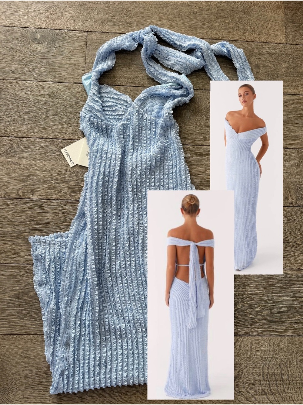 Peppermayo- Size: XS (Never worn) Light Blue Knit Off-Shoulder Maxi Dress